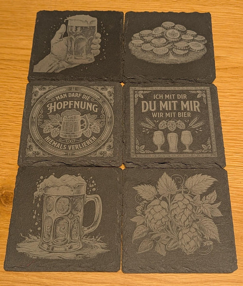 6er-Pack Premium Schiefer-Untersetzer "Bierkultur" – Rustikale Eleganz für Bierliebhaber