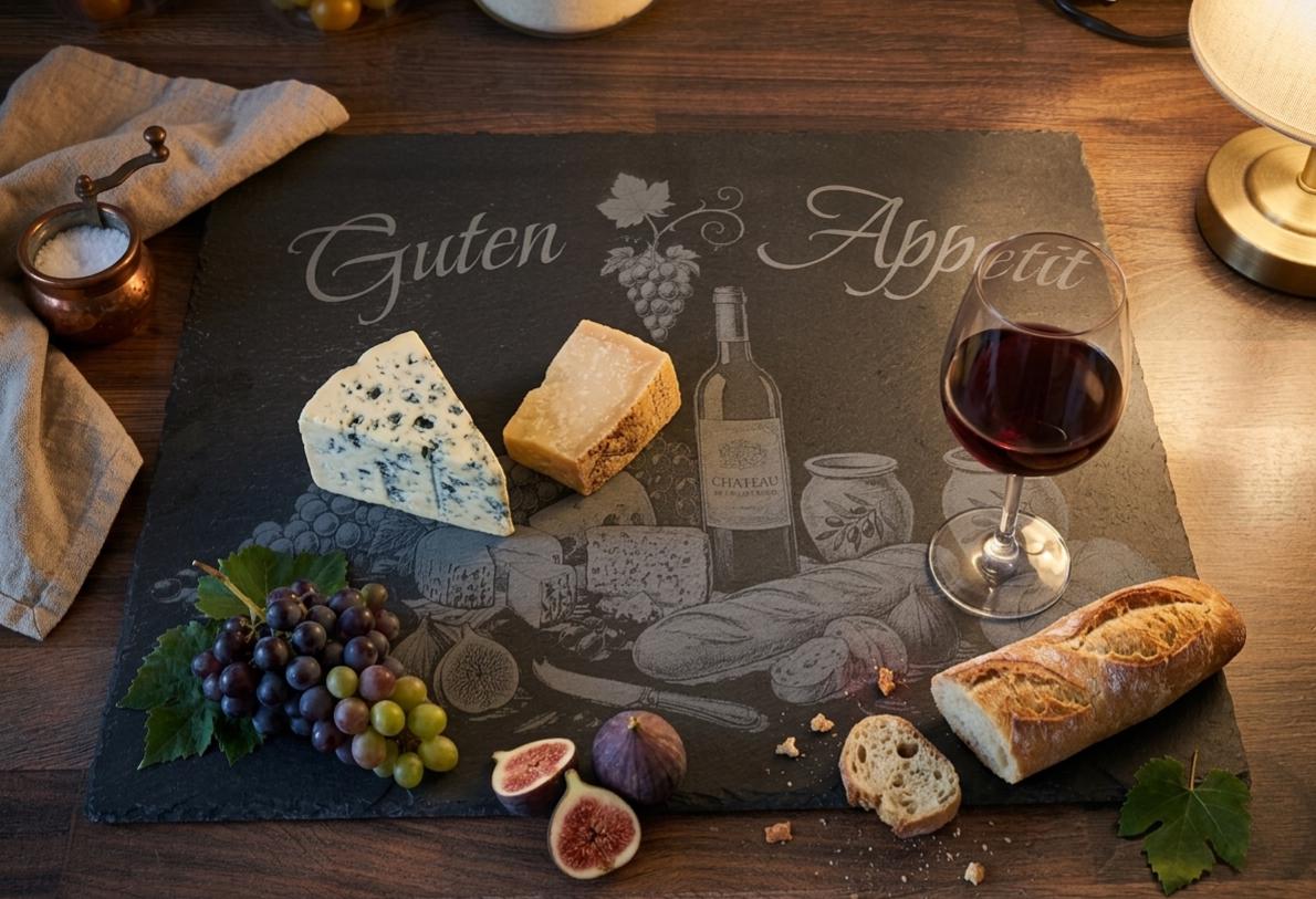 Schieferplatte Servierplatte "Guten Appetit" graviert – Rustikale Käseplatte & Wein-Unterlage aus Naturschiefer, perfekt als Geschenk