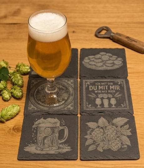 6er-Pack Premium Schiefer-Untersetzer "Bierkultur" – Rustikale Eleganz für Bierliebhaber