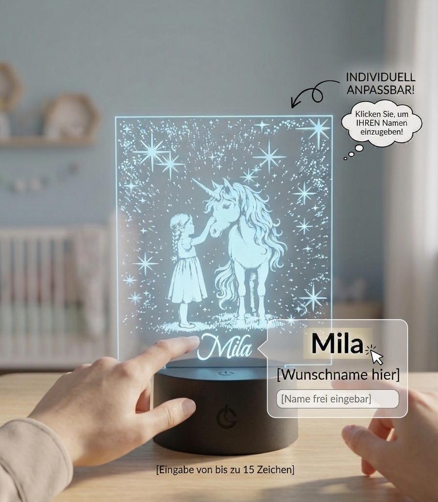 Personalisiertes LED-Lampe „Mädchen mit Einhorn“ – Ein magischer Blickfang fürs Kinderzimmer