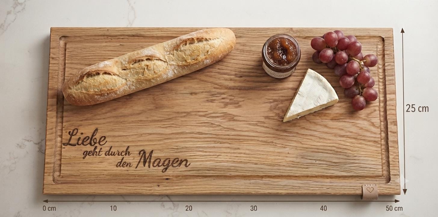 Rustikales Servierbrett aus Eiche – „Liebe geht durch den Magen“ – Handgefertigt (50x25 cm)