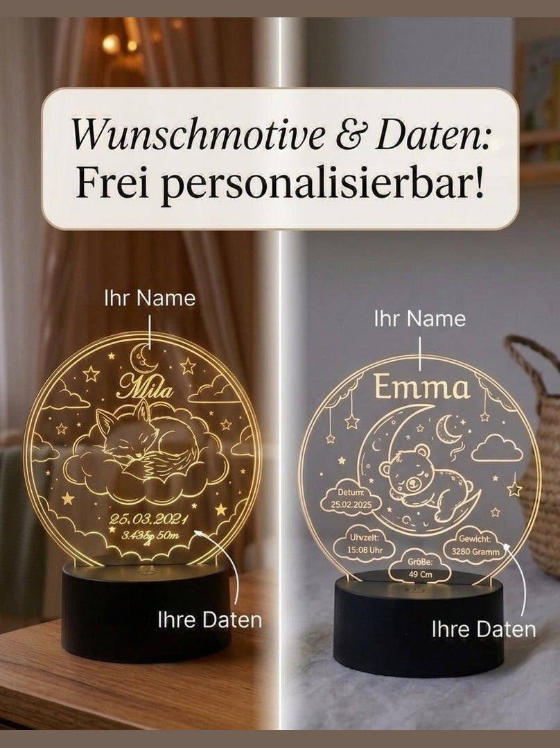 Personalisiertes LED-Nachtlicht für Baby & Kind–Acryl Schlummerlicht mit Wunschname, Geburtsdaten, Farbwechsel, Batteriefach / Fernbedienung