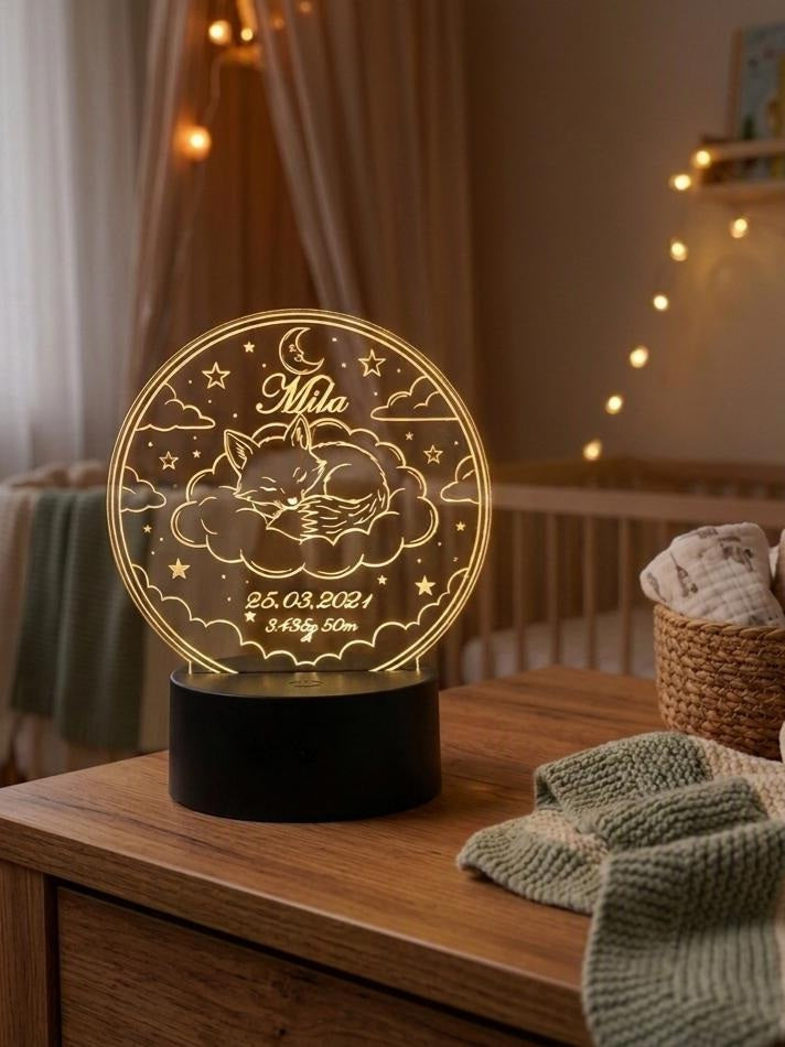 Personalisiertes LED-Nachtlicht für Baby & Kind–Acryl Schlummerlicht mit Wunschname, Geburtsdaten, Farbwechsel, Batteriefach / Fernbedienung