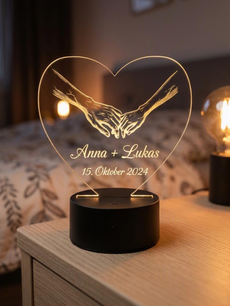 Personalisierte 3D LED-Lampe in Herzform mit Gravur – Individuelles Geschenk für Paare zu Hochzeit, Jahrestag & Valentinstag