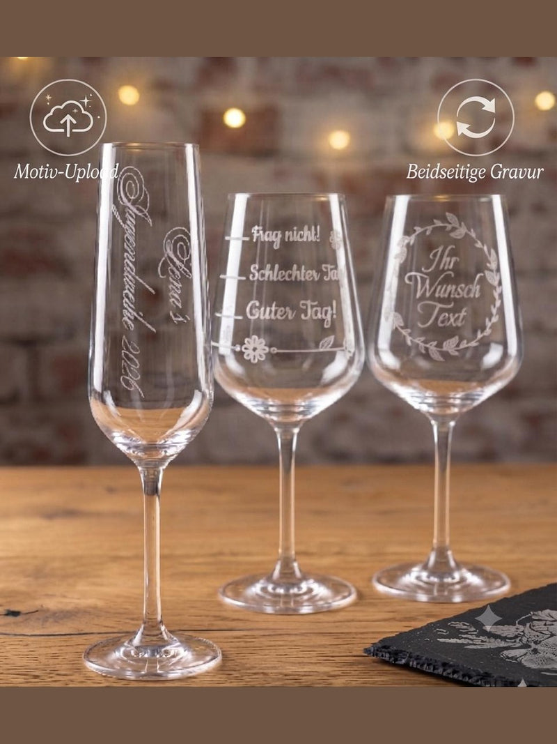 Personalisierte Gläser mit Gravur | Sektglas Jugendweihe, Weinglas Stimmungsbarometer o. Wunschtext-Geschenk | Hochwertiges Kristallglas