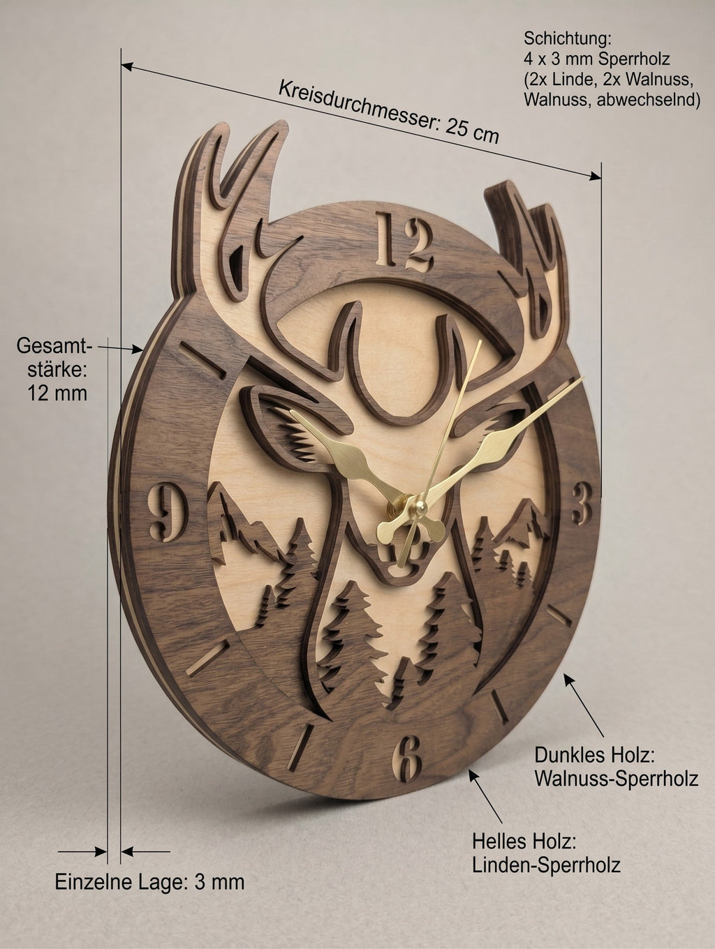 Seime-Kreativschuppen 3D-Wanduhr Waldkönig aus Walnuss und Linde mit Hirschmotiv, goldenen Zeigern und 25 cm Durchmesser