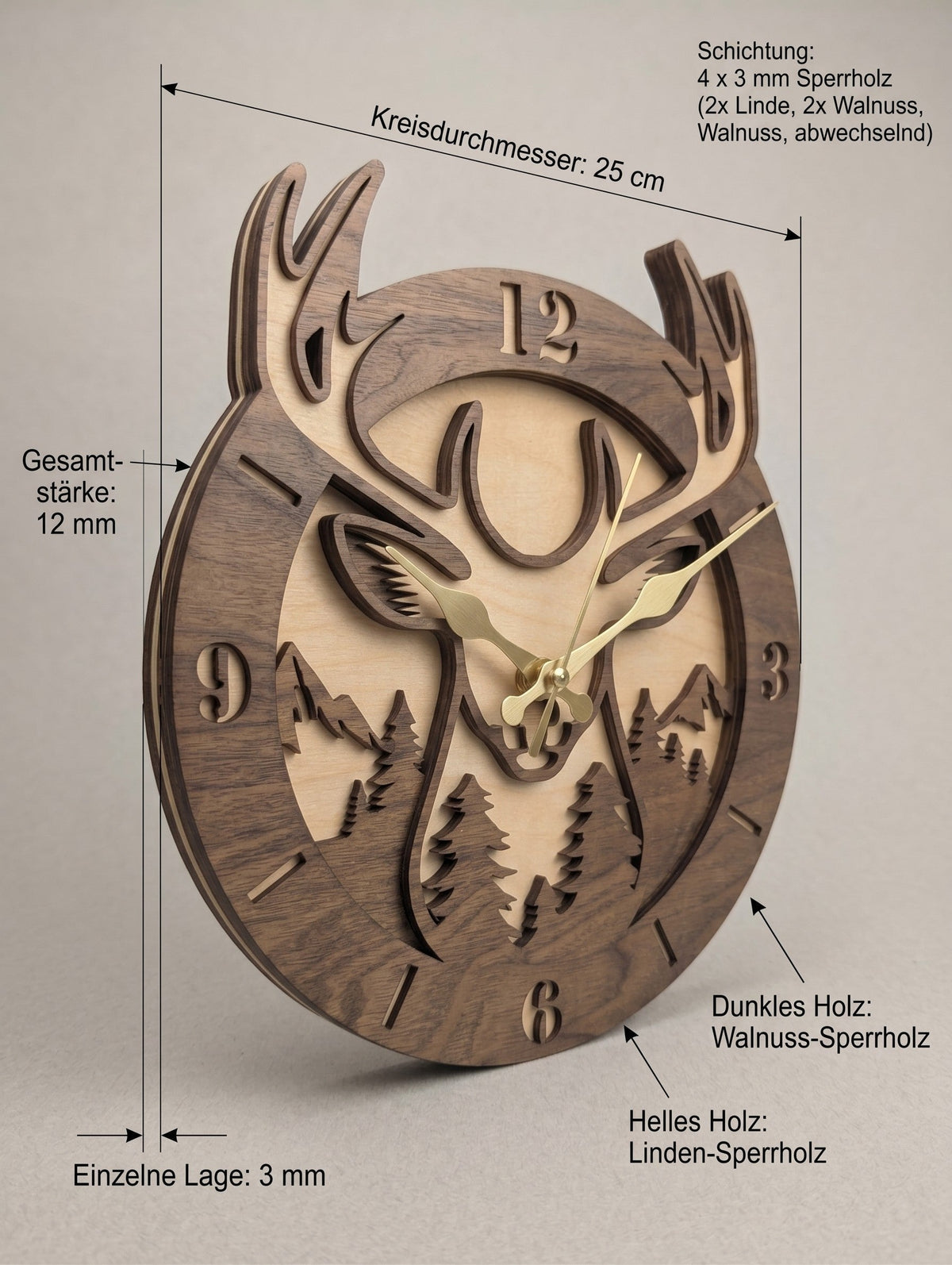 Seime-Kreativschuppen 3D-Wanduhr Waldkönig aus Walnuss und Linde mit Hirschmotiv, goldenen Zeigern und 25 cm Durchmesser