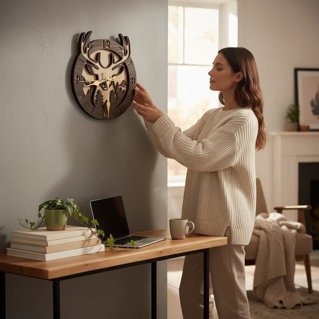 Frau hängt Seime-Kreativschuppen 3D-Holzwanduhr Waldkönig mit Hirschmotiv aus Walnuss und Linde an eine graue Wand.