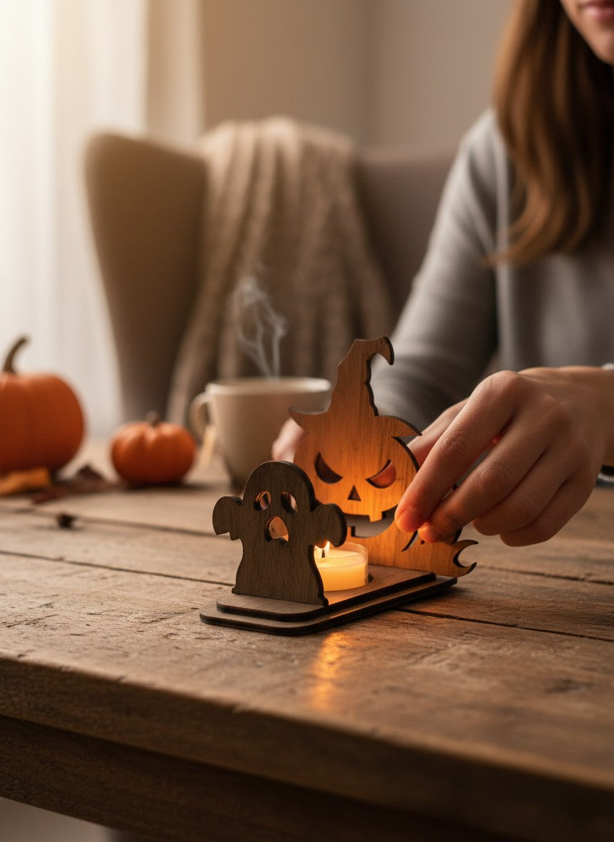 Seime-Kreativschuppen Halloween Teelichthalter aus Walnussholz mit Kürbis- und Geister-Motiven auf einem Holztisch