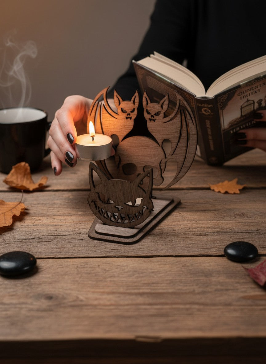 Seime-Kreativschuppen Halloween Teelichthalter aus Walnussholz mit Fledermaus- und Totenkopf-Motiv auf Holztisch