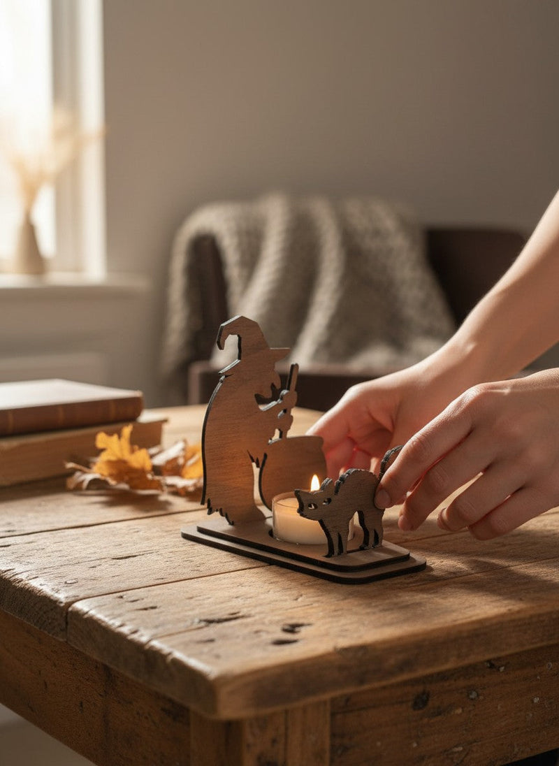 Seime-Kreativschuppen Halloween Teelichthalter aus Walnussholz mit Hexe und Katze Motiv als DIY-Bausatz auf Holztisch