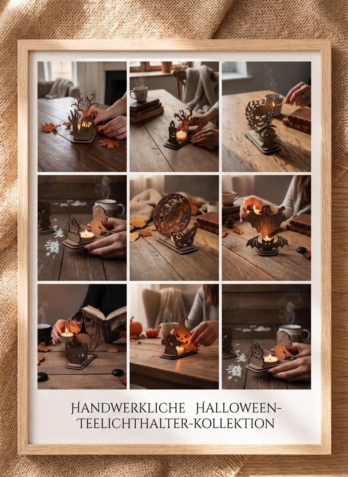 Seime-Kreativschuppen Halloween Teelichthalter aus geöltem Walnussholz als DIY-Bausatz mit verschiedenen Gruselmotiven
