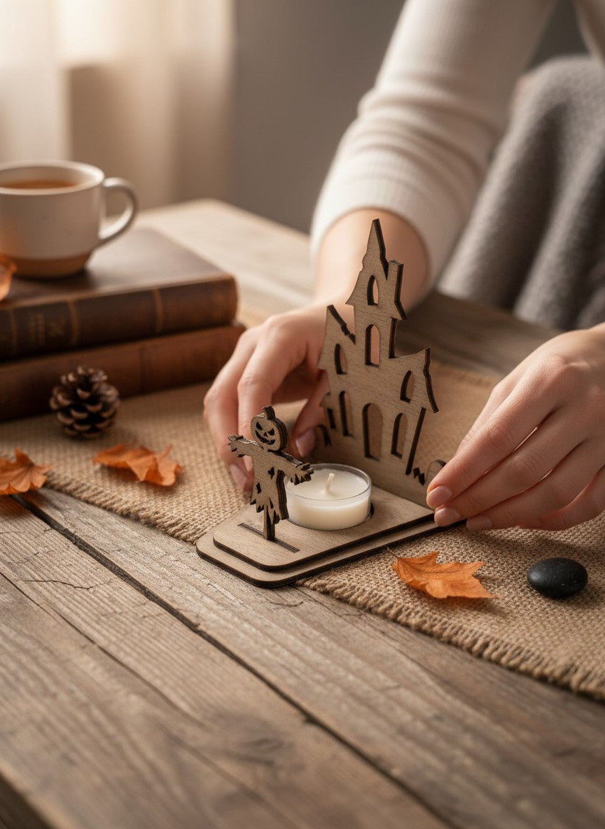 Seime-Kreativschuppen Halloween Teelichthalter aus Walnussholz als DIY-Bausatz mit Spukschloss und Kürbisfigur