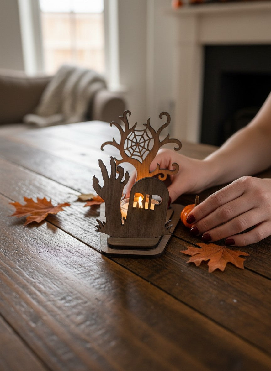 Seime-Kreativschuppen Halloween Teelichthalter aus Walnussholz mit Spukbaum-Motiv und Grabstein auf Holztisch