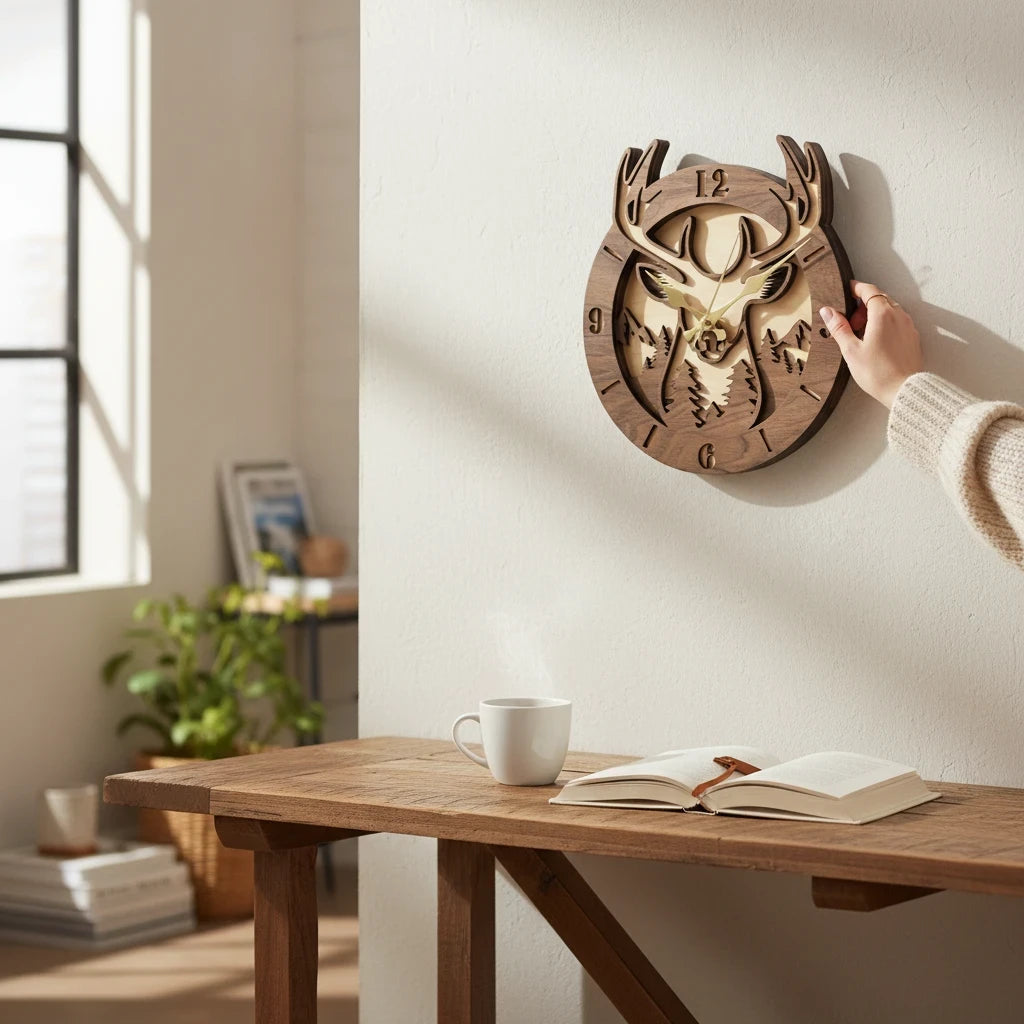 Seime-Kreativschuppen 3D-Holzwanduhr Waldkönig mit Hirschmotiv aus Walnuss und Linde an einer hellen Wand
