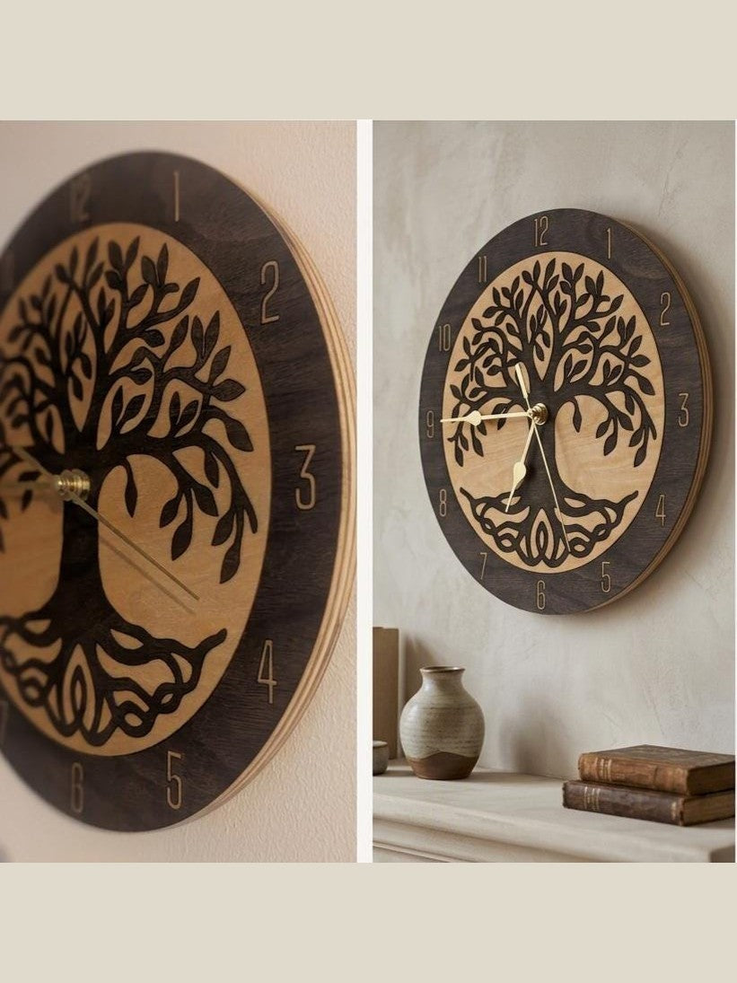 Seime-Kreativschuppen Wanduhr Lebensbaum aus Walnuss- und Lindenholz mit lautlosem Uhrwerk und goldenen Zeigern.
