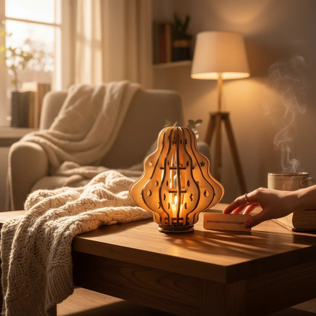 Seime-Kreativschuppen Windlicht Tannenbaum aus Linden-Sperrholz mit Stern-Ausstanzungen auf einem Holztisch