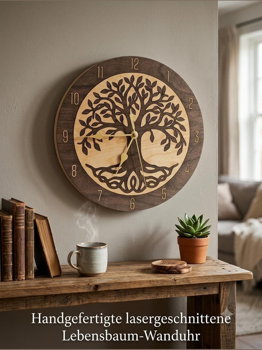 Seime-Kreativschuppen Wanduhr Lebensbaum aus Walnuss- und Lindenholz mit lautlosem Uhrwerk und goldenen Zeigern.