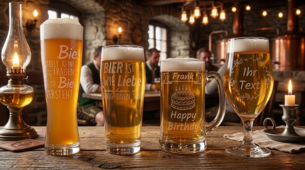 Seime-Kreativschuppen personalisierte Biergläser mit Lasergravur, darunter Weizenbierglas, Standardglas, Krug und Tulpe