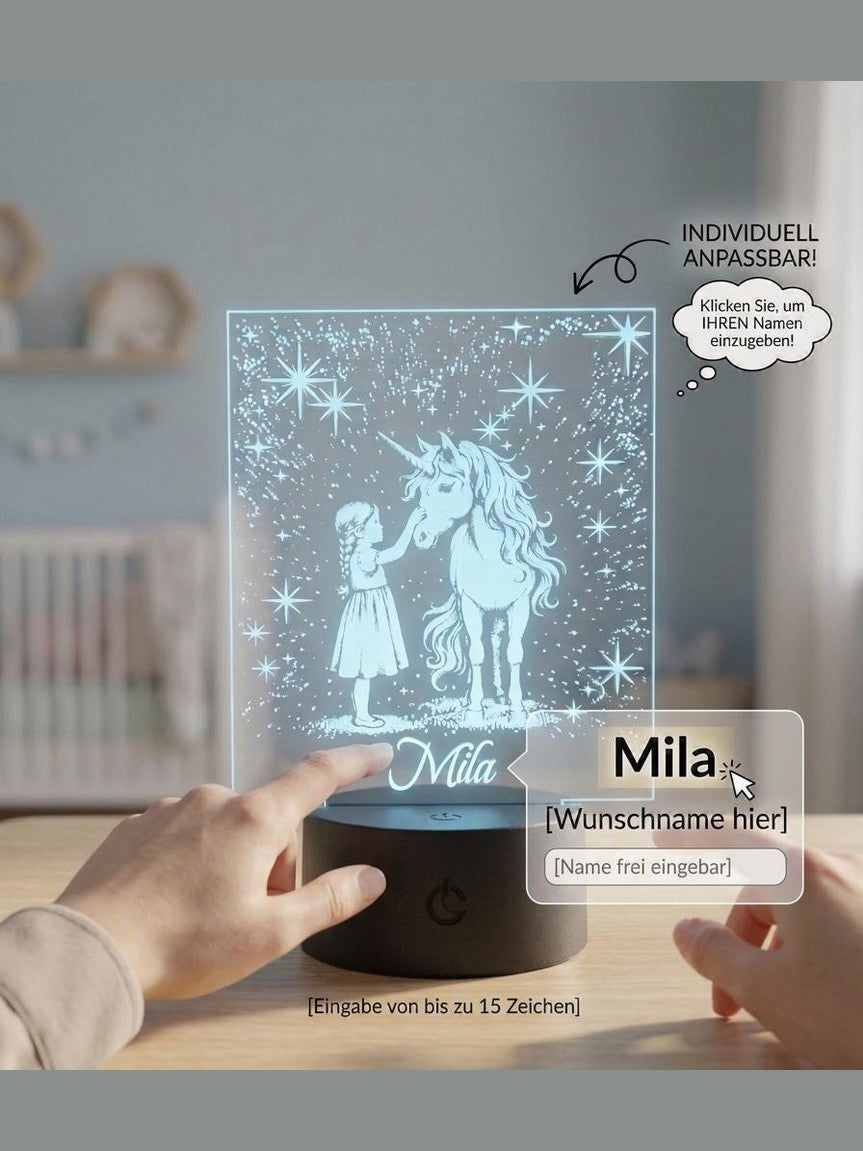 Seime-Kreativschuppen personalisierte LED-Lampe mit Einhorn-Motiv und Wunschnamen für das Kinderzimmer
