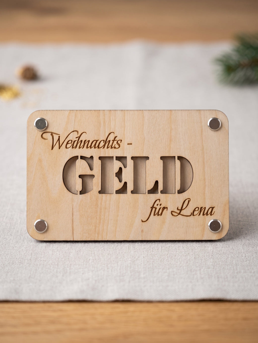 Personalisierte Seime-Kreativschuppen Geldgeschenkkarte aus geöltem Lindensperrholz mit individueller Namensgravur