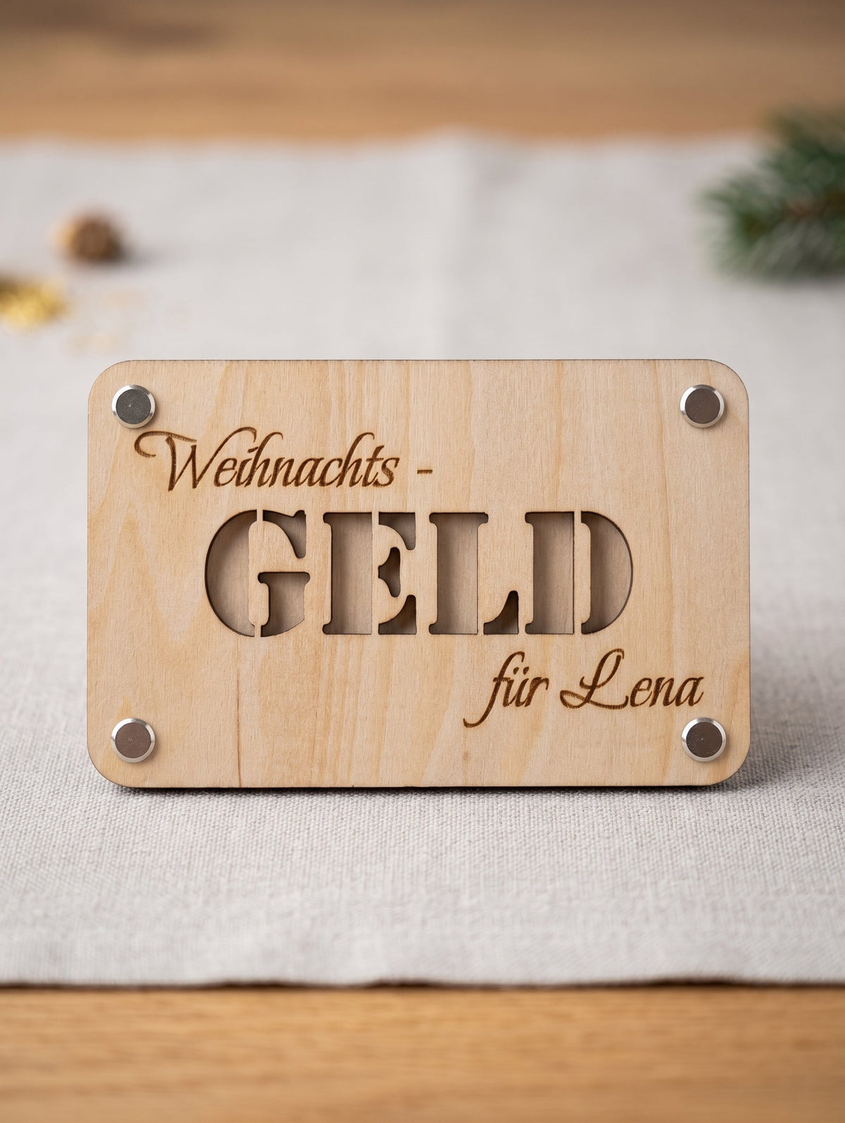 Personalisierte Seime-Kreativschuppen Geldgeschenkkarte aus geöltem Lindensperrholz mit individueller Namensgravur