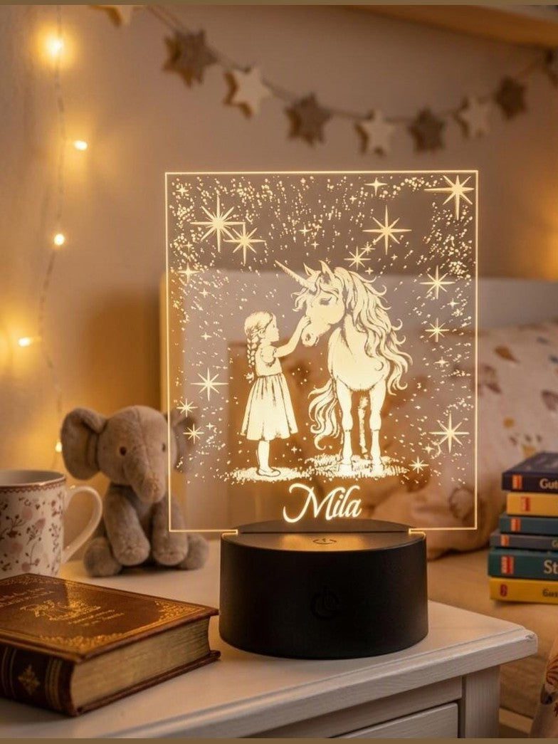 Seime-Kreativschuppen personalisierte LED-Lampe aus Acryl mit Mädchen und Einhorn Motiv für das Kinderzimmer
