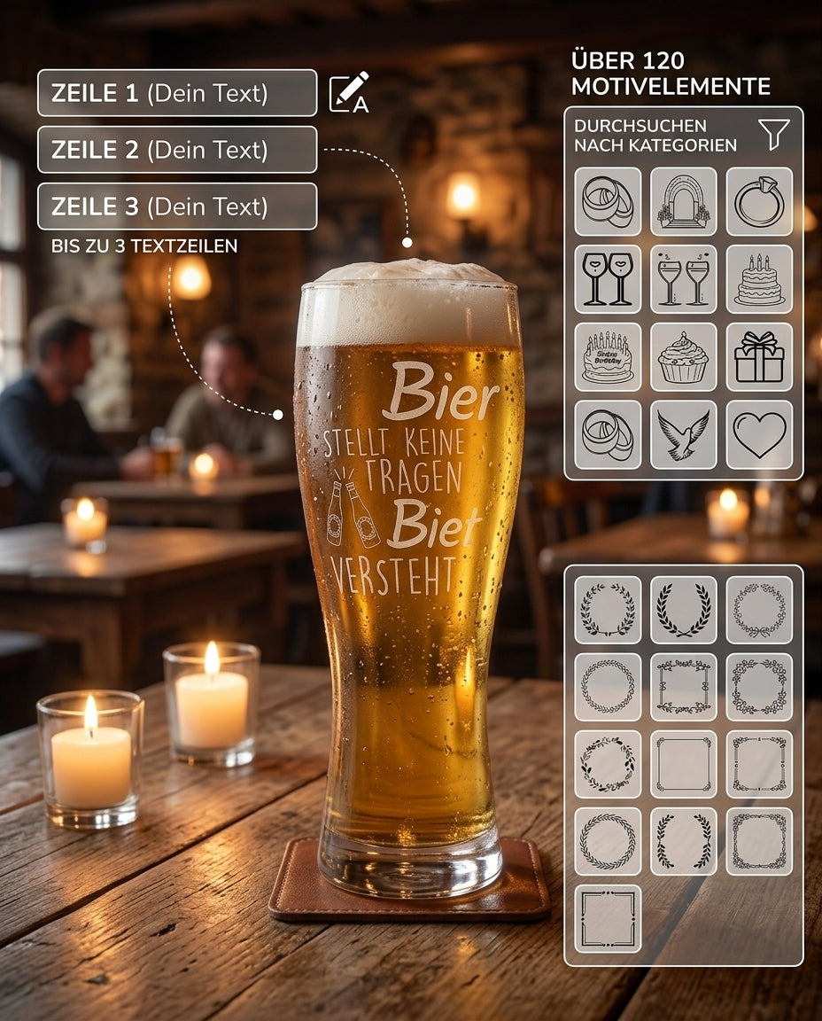 Seime-Kreativschuppen personalisiertes Weizenbierglas mit individueller Lasergravur auf einem Holztisch in einer Bar