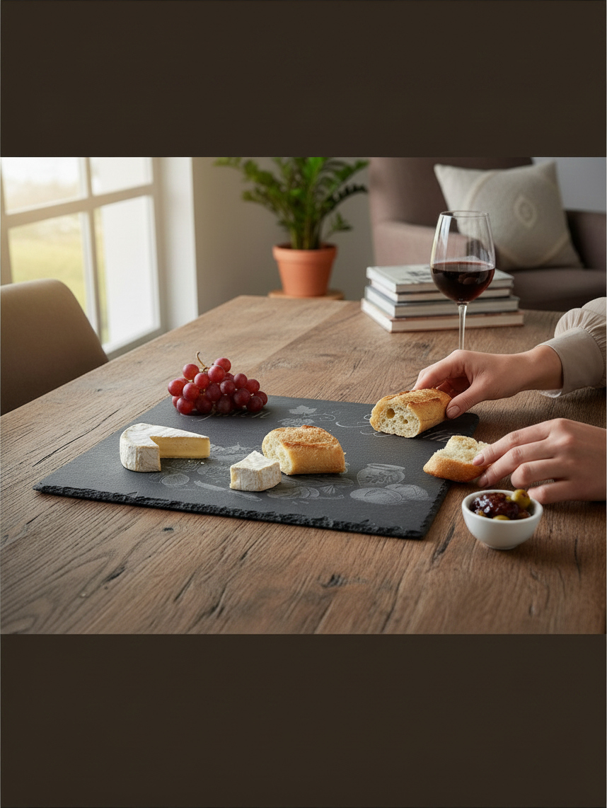 Seime-Kreativschuppen Schieferplatte mit Guten Appetit Gravur, serviert mit Käse und Baguette auf einem Holztisch.