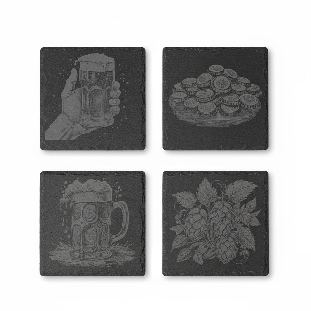 Seime-Kreativschuppen 4er-Set quadratische Schiefer-Untersetzer mit detaillierten Bier-Gravuren und Hopfen-Motiven