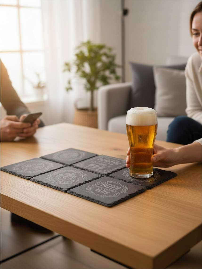 Seime-Kreativschuppen 6er-Set quadratische Schiefer-Untersetzer mit Bier-Gravuren auf einem Holztisch mit Bierglas
