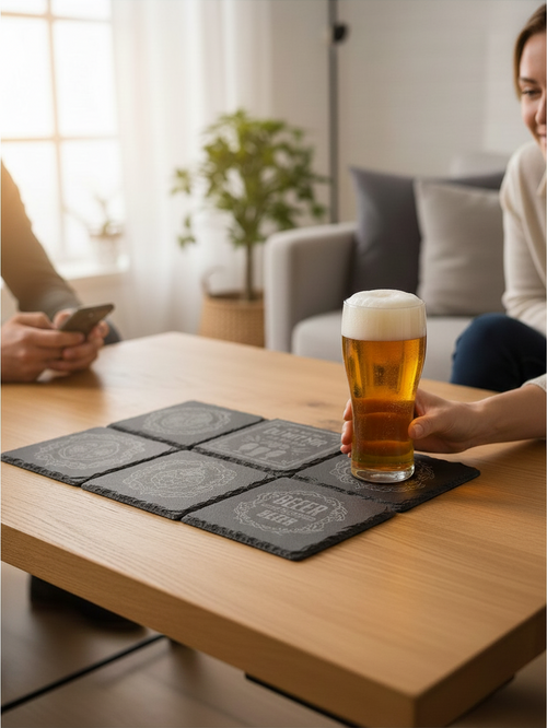 Seime-Kreativschuppen 6er-Set quadratische Schiefer-Untersetzer mit Bier-Gravuren auf einem Holztisch mit Bierglas