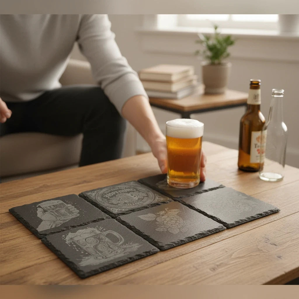 Seime-Kreativschuppen 6er-Set quadratische Schiefer-Untersetzer mit Bier-Gravuren auf einem Holztisch