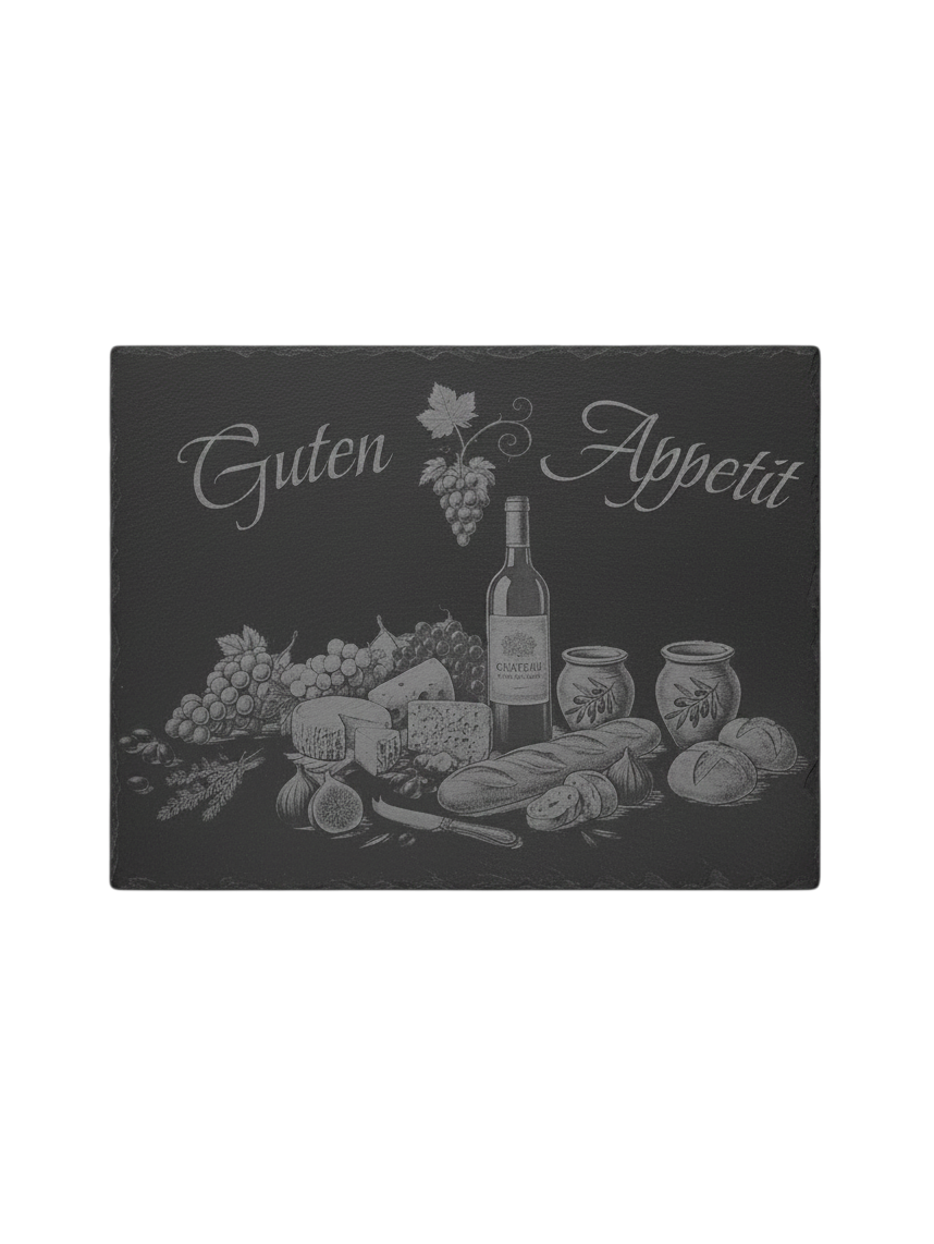 Seime-Kreativschuppen Schieferplatte mit Guten Appetit Gravur, Weinflasche, Käse und Baguette Motiv, rustikal schwarz