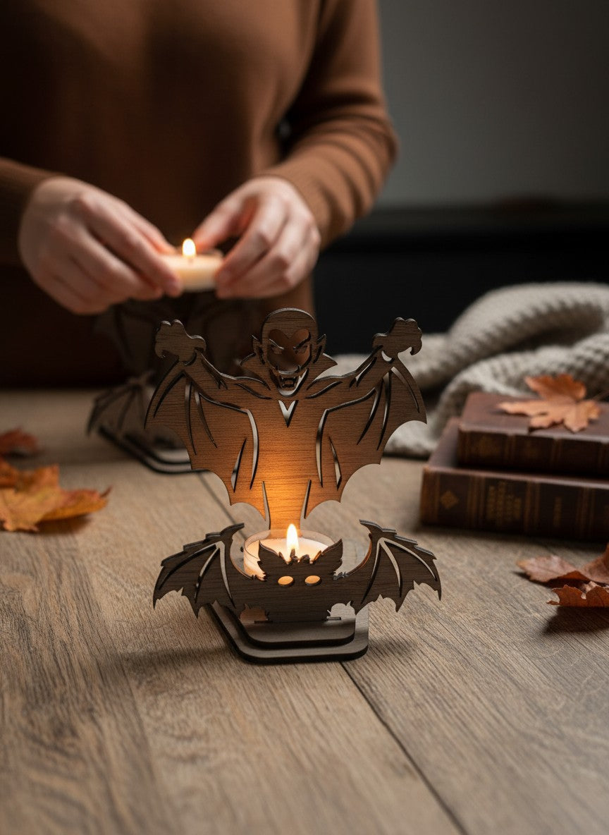 Seime-Kreativschuppen Halloween Teelichthalter aus geöltem Walnussholz mit Vampir-Motiv auf einem Holztisch