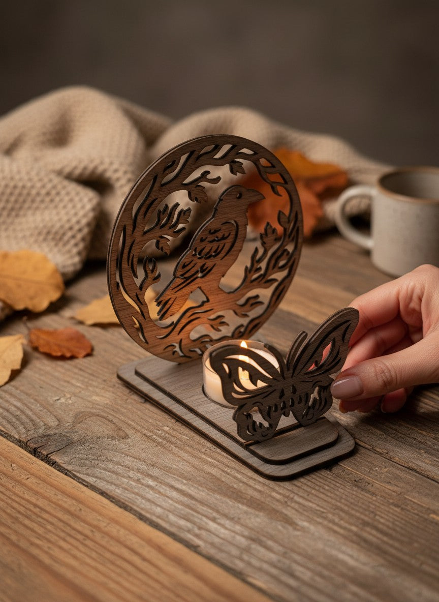 Seime-Kreativschuppen Halloween Teelichthalter aus geöltem Walnussholz mit Raben-Motiv als DIY-Bausatz auf Holztisch