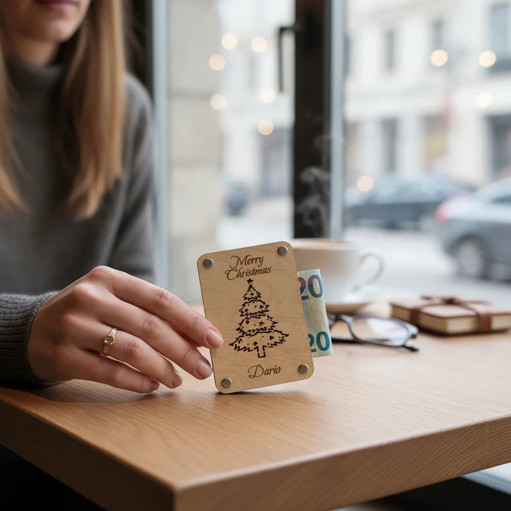 Personalisierte Seime-Kreativschuppen Geldgeschenkkarte aus geöltem Lindensperrholz mit Weihnachtsbaum-Gravur und Name