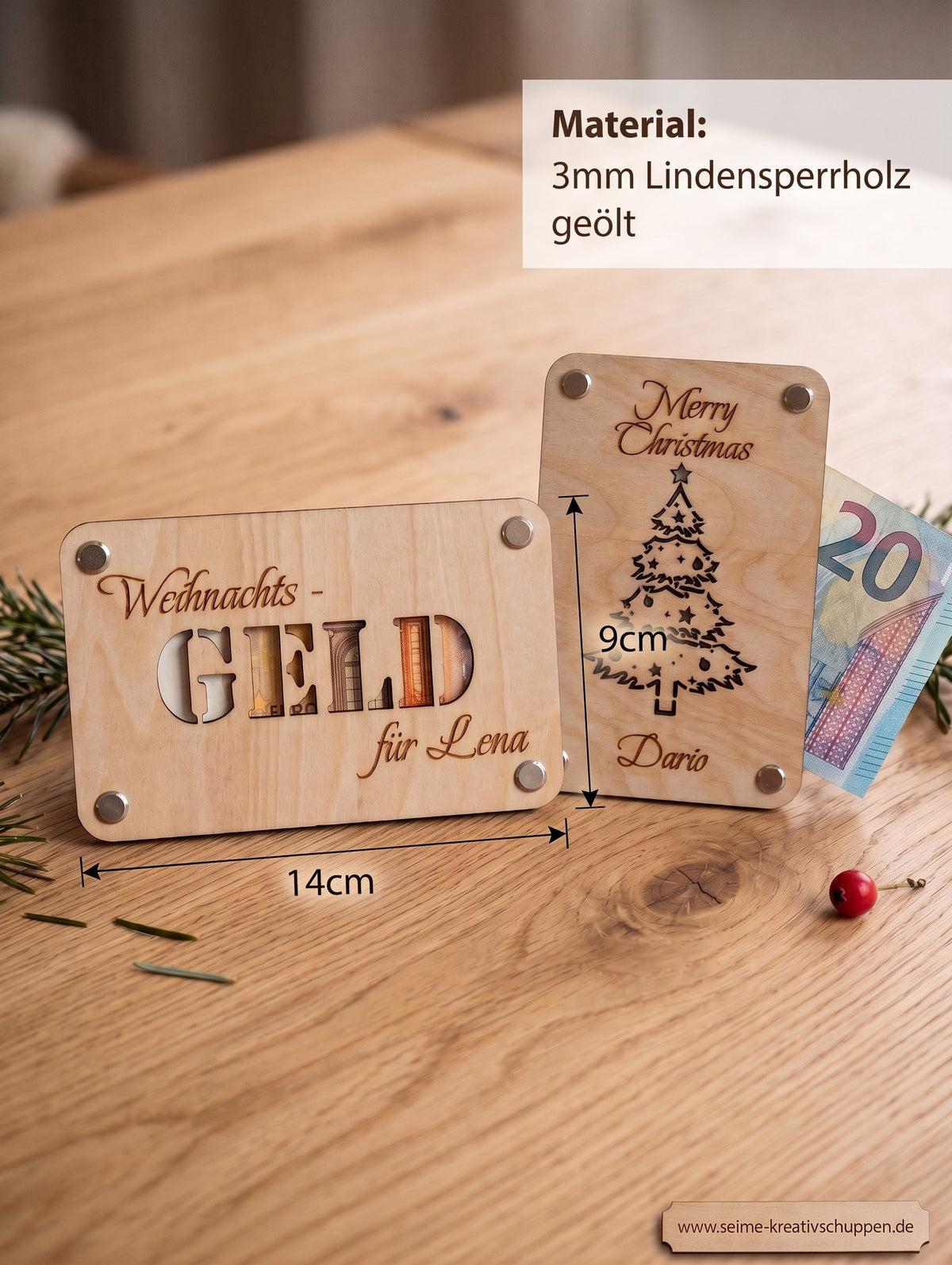 Seime-Kreativschuppen personalisierte Weihnachts-Geldgeschenkkarte aus geöltem Lindensperrholz mit Gravur