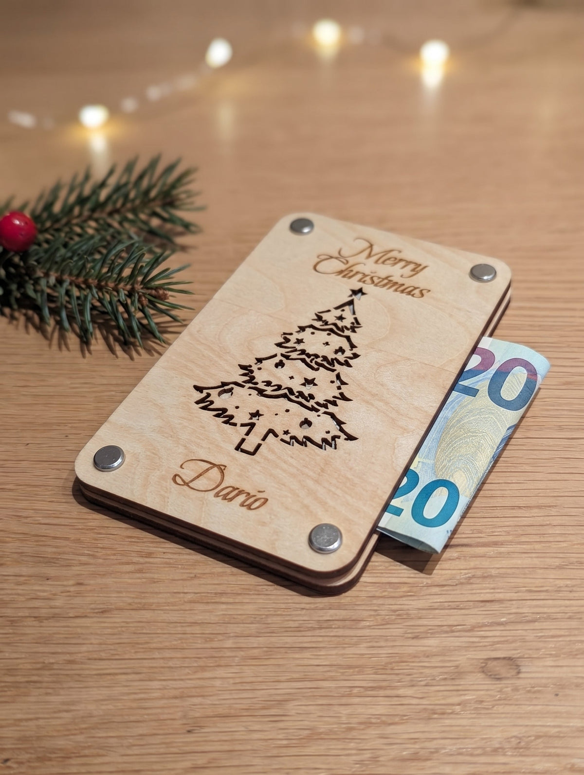 Seime-Kreativschuppen personalisierte Weihnachts-Geldgeschenkkarte aus geöltem Lindensperrholz mit Gravur